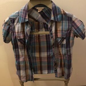 Arizona Girls' Multicolor Plaid Short-Sleeve Button-Up Shirt